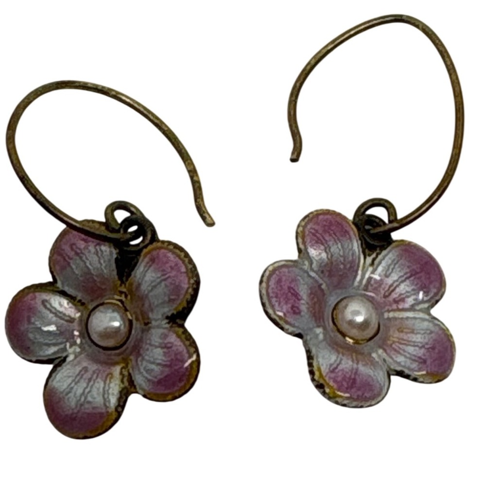 Enamel Cloisonne Pansy Flower Dangle Earrings Pearl Center, Floral Drop Earrings